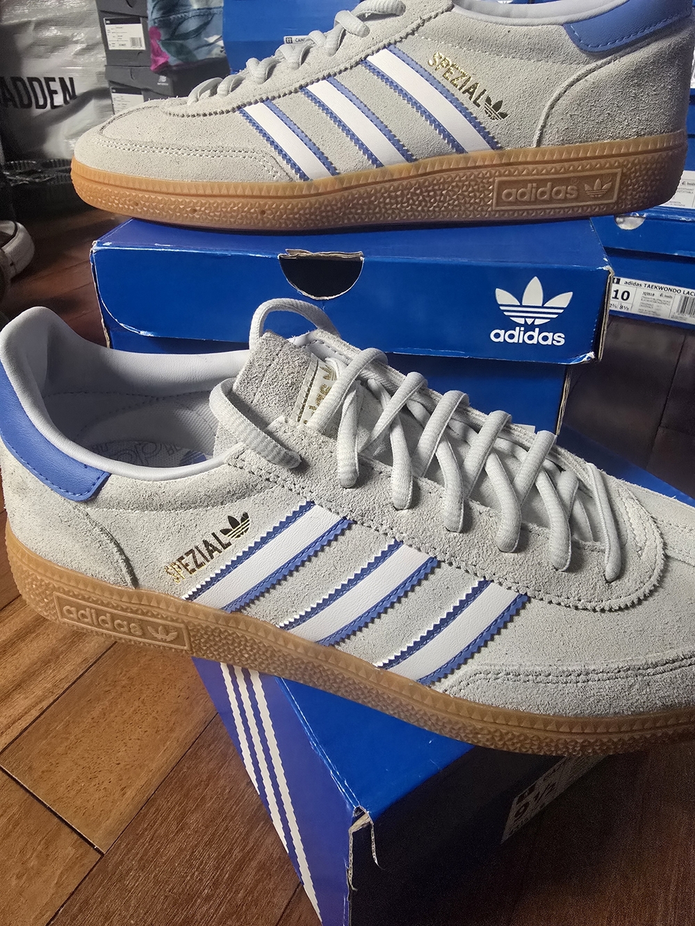adidas Spezial Suede Sneakers in Light Gray, White Blue with Gum Sole men size 8